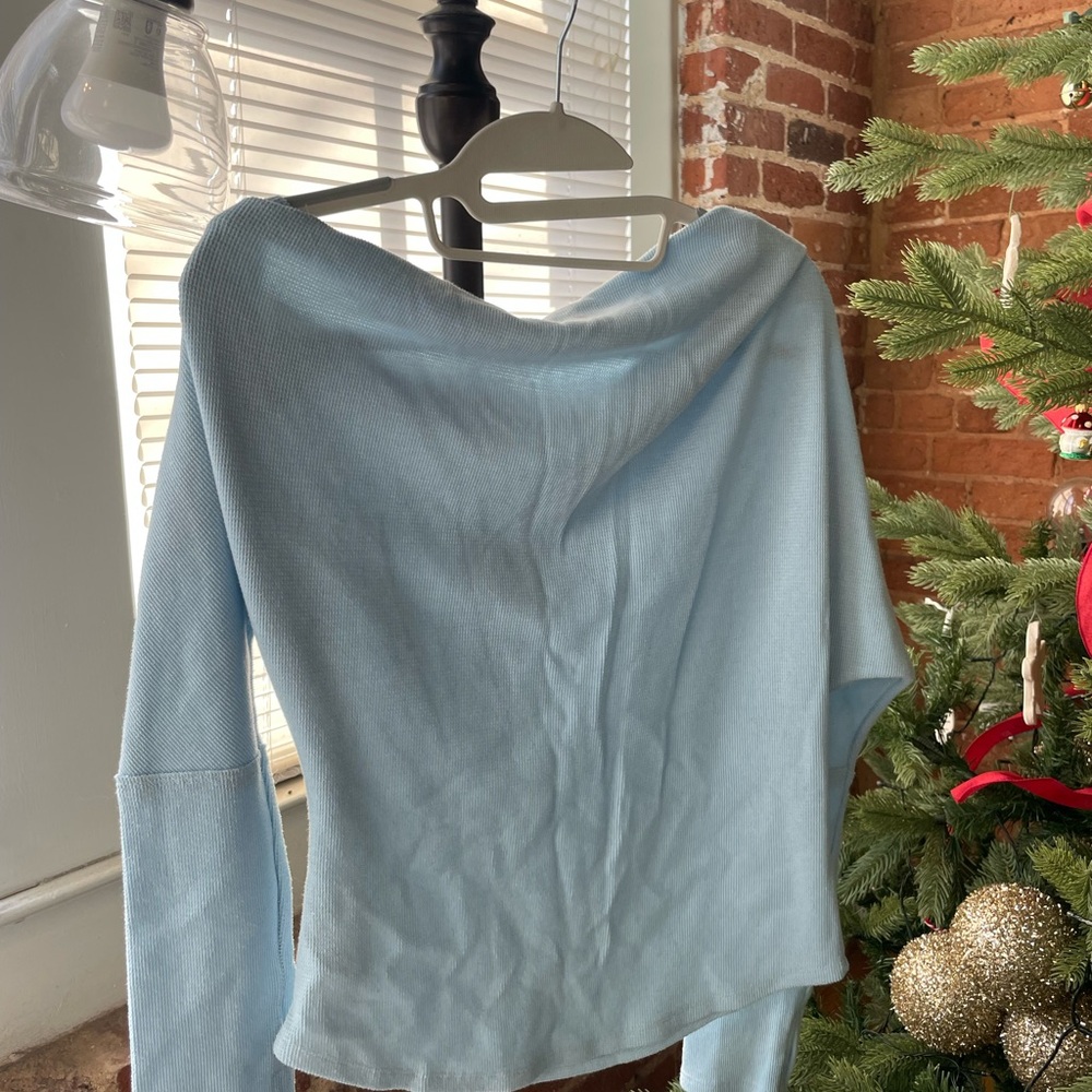 We The Free Sky Blue Off-Shoulder Sweater